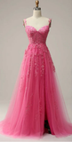 Niulatu A line Straps Pink Lace Slit Prom Dress Evening Dresses HZ1110