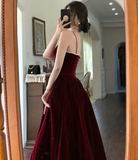Niulatu A line Straps Pearls Burgundy Long Velvet Prom Dress HZ1110