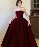 Niulatu A line Straps Pearls Burgundy Long Velvet Prom Dress HZ1110