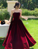 Niulatu A line Straps Pearls Burgundy Long Velvet Prom Dress HZ1110