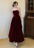 Niulatu A line Straps Pearls Burgundy Long Velvet Prom Dress HZ1110