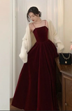 Niulatu A line Straps Pearls Burgundy Long Velvet Prom Dress HZ1110