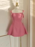 Niulatu A Line Straps Pink Satin Short Homecoming Dresses Birthday Outfits SD371