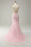 Niulatu Mermaid Spaghetti Straps Lace Pink Long Prom Dresses HZ1110
