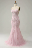 Niulatu Mermaid Spaghetti Straps Lace Pink Long Prom Dresses HZ1110