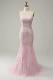 Niulatu Mermaid Spaghetti Straps Lace Pink Long Prom Dresses HZ1110