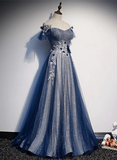Niulatu A line Off The Shoulder Sequin Blue Long Prom Dresses HZ1110