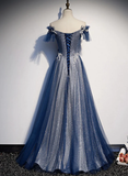 Niulatu A line Off The Shoulder Sequin Blue Long Prom Dresses HZ1110