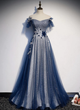 Niulatu A line Off The Shoulder Sequin Blue Long Prom Dresses HZ1110