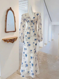 Niulatu Ice Blue Rose Chiffon Print Floral Prom Dress Long Mermaid Evening Dress HZ1007