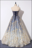 Niulatu A Line Strapless Blue Ombre Tulle Long Prom Dress Evening Dress HZ0113