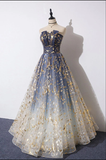 Niulatu A Line Strapless Blue Ombre Tulle Long Prom Dress Evening Dress HZ0113