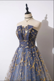 Niulatu A Line Strapless Blue Ombre Tulle Long Prom Dress Evening Dress HZ0113