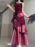 Niulatu Red Satin Long Straps Prom Dress Wine Red A-line Party Dress SD1360