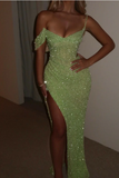 Niulatu Sage Green Sequins Off-The-Shoulder Split Prom Dress Formal Evening Gown HZ1007