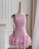 Niulatu Pink A Line Spaghetti Strap Layered Chiffon Homecoming Dress HZ0113