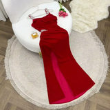 Niulatu Sheath Straps Burgundy Satin Silver Beads Slit Long Prom Dresses Formal Dress HZ1110