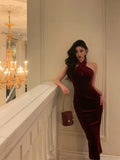 Sexy Sheath Halter Burgundy Velvet Sleeveless Prom Dresses Party Dress Summer Birthday Outfits Birthday Dresses HZ1214
