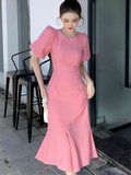 Niulatu Pink Puff Sleeves Mid-length Prom Dress Pink Evening Dress HZ1007