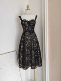 Niulatu A Line Spaghetti Straps Tulle Lace Black Women's Holiday Dresses SD222