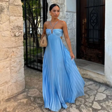 Niulatu A line Halter Blue Sleeveless Long Prom Dress Formal Evening Dresses HZ1110