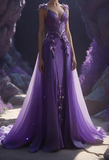 Niulatu Purple Chiffon Applique Sheath Evening Dress Long Prom Dress HZ1007