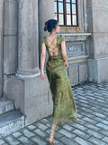 Niulatu Mermaid V Neckline Short Sleeves Lace Green Floor Length Evening Dress Prom Dresses SD1604
