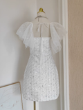 Niulatu A line Square neckline Tulle White Sequin Party Dress Short Birthday Dresses With Beads SD378