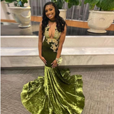 Niulatu Prom Dress For Black Girl Velvet Appliques Deep V Neck Sexy Mermaid Graduation Party Evening Dress HZ1007
