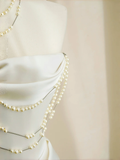 Niulatu Strapless Satin Pearls Chain White Prom Dress A Line Evening Dress HZ1007