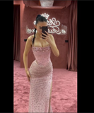 Niulatu Pink Mermaid Beaded Evening Gown Spaghetti Straps Slit Long Prom Party Dress HZ1007