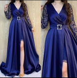 Niulatu A-Line V Neck Long Sleeves Evening Dresses HZ1007