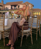 Niulatu Brown A Line Spaghetti Strap Satin Open Back Prom Dress Wedding Guest Dress HZ0113