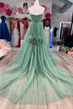 Niulatu Strapless Floral Long Prom Dresses Green Formal Dresses Green Tulle Evening Dresses HZ1007
