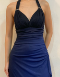 Niulatu Halter Ombre Navy Blue V Neck Chiffon Long Prom Dress Party Evening Gown HZ1007