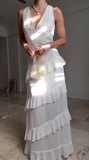 Niulatu White V Neck Chiffon Ruffle Prom Dress Backless Long Evening Dress HZ1007