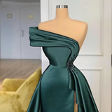 Niulatu Long Satin Evening Dresses Wear Elegant Ruched Crystal Beads Split One Shoulder Evening Gowns Formal Women Prom Dresses HZ1007