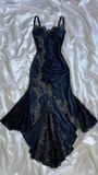 Niulatu Navy Blue Satin Lace Appliques Mermaid Evening Dress Prom Dress HZ1007