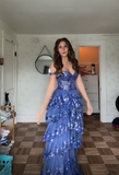Niulatu Blue Tulle Sequins Layered Evening Dress Formal Slit Prom Dress HZ1007