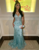 Niulatu Spaghetti Straps Lace Appliques Evening Dress Mermaid Prom Dress HZ1007