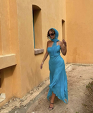 Niulatu Spaghetti Straps Blue Chiffon Prom Evening Dress HZ1007