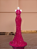 Niulatu Pink Mermaid Halter Sequin Open Back Long Prom Dress Party Dress HZ0113