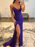 Niulatu Mermaid V-neck Backless Sequin Prom Dress with Slit Purple Formal Graduation Evening Dresses HZ1007