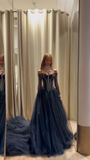 Niulatu Navy Blue Tulle Beaded Long Prom Dress Off Shoulder Party Evening Dress HZ1007