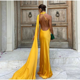Niulatu Satin Backless Off-Shoulder Long Prom Dress Evening Dress HZ1007