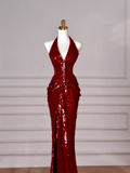 Niulatu Burgundy Sequins Halter V Neck Evening Dress Backless Mermaid Evening Dress HZ1007