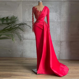 Niulatu Red Satin Evening Dresses Sheer Neckline Long Sleeve Beaded African High Slit Women Formal Prom Dress HZ1007