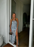 Niulatu Chiffon Print Floral Long Prom Dress Strapless Slit Party Evening Dress HZ1007