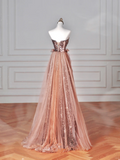 Niulatu Rose Gold Strapless Tulle Sequins Beaded A Line Prom Dress Evening Dress HZ1007
