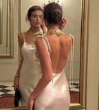 Niulatu White A Line Spaghetti Strap Satin Open Back Prom Dress Wedding Guest Dress HZ0113